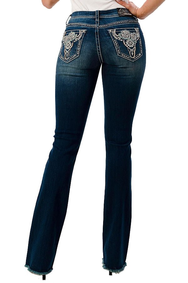 Grace in LA Women's Western Floral Steer Head Embellished Mid Rise Bootcut Jeans